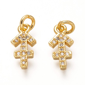 Brass Micro Pave Clear Cubic Zirconia Pendants, Real 18K Gold Plated, with Jump Rings, 12 Constellations, Cadmium Free & Lead Free, Sagittarius, 11x6x2mm, Hole: 2mm