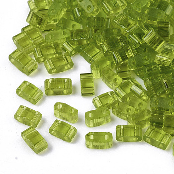 2-Hole Glass Seed Beads, Transparent Colours, Rectangle, Yellow Green, 4.5~5.5x2x2~2.5mm, Hole: 0.5~0.8mm
