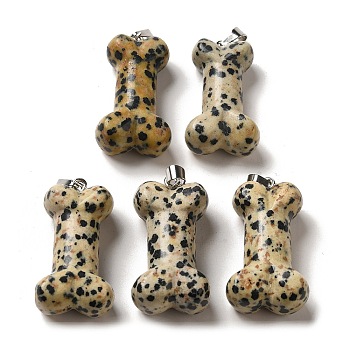 Natural Dalmatian Jasper Pendants, Dog Bone Charms with Platinum Iron Snap on Bails, 36~37x19.5~21x11~12.5mm, Hole: 7x4mm