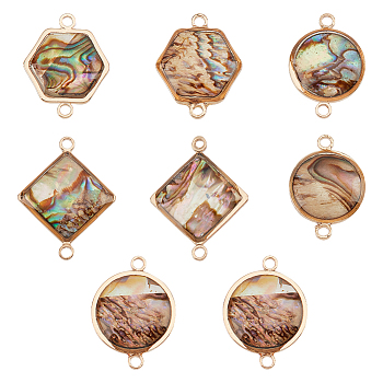 8Pcs 4 Styles Natural Abalone Shell/Paua Shell Connector Charms, with Golden Tone Brass Findings, Flat Round & Hexagon & Rhombus Shape, Mixed Shapes, 17~21x12~16x4.5~5mm, Hole: 1.6mm, 2pcs/style