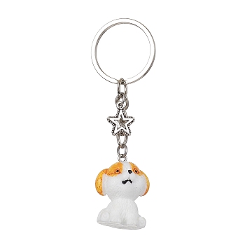 Resin Dog Pendant Keychain, with Iron Rings and Alloy Star Charm, Orange, 8.5cm, Dog: 29.5x22.5x24.5mm