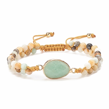 Teardrop Natural Green Aventurine Braided Bead Bracelet, Double Line Gemstone Adjustable Bracelet for Women, Inner Diameter: 2-1/8~3-3/8 inch(5.4~8.6cm)