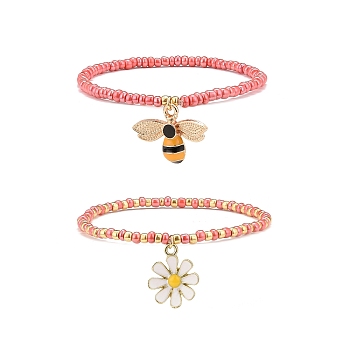 2Pcs Glass Seed Beaded Stretch Bracelets Set, Alloy Enamel Bees & Flower Charm Bracelet for Women, Red, Inner Diameter: 2-1/8~2-1/4 inch(5.5~5.6cm), 1Pc/style