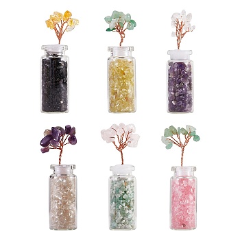 6Pcs 6 Style Natural Gemstone Chip Money Tree Display Decorations, with Mini Glass Wishing Bottles, 81x26x21.5mm, 1pc/style