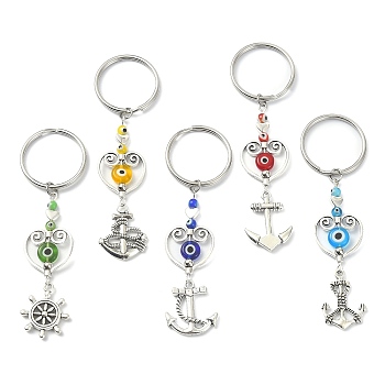 Anchor & Helm Tibetan Style Alloy Keychain, with Lampwork Evil Eye Bead and 304 Stainless Steel Split Key Rings, Mixed Color, 8.5~9cm