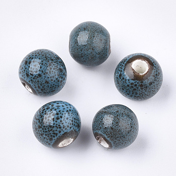 Handmade Porcelain Beads, Fancy Antique Glazed Porcelain, Round, Steel Blue, 10.5~11x9.5mm, Hole: 2.5mm