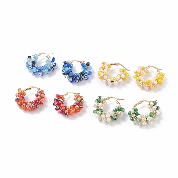 Glass Beaded Braided Hoop Earrings, 304 Stainless Steel Wire Wrap Jewelry for Women, Mixed Color, 29x30~31x9.5~10mm, Pin: 1mm