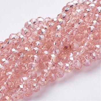 Electroplate Glass Beads Strands, AB Color Plated, Faceted, Rondelle, Pink, 6x4mm, Hole: 1mm, about 83~85pcs/strand, 38~39cm