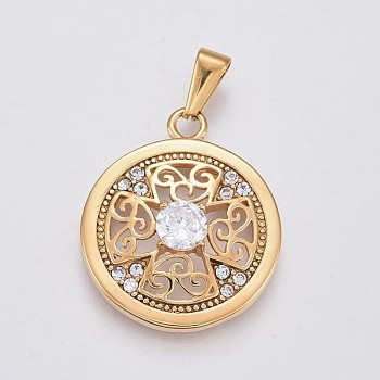 304 Stainless Steel Pendants, with Rhinestone, Flat Round with Cross, Crystal, Golden, 28x23.5x5.5mm, Hole: 3~3.5x8mm
