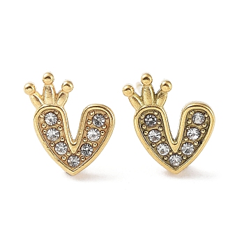 304 Stainless Steel with Rhinestone Stud Earrings, Heart with Crown, Real 18K Gold Plated, 9.5x7.5mm