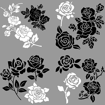 4Pcs 4 Styles PET Waterproof Self-adhesive Car Stickers, Reflective Decals for Car, Motorcycle Decoration, White & Black, June Rose, 200x200mm, 1pc/style