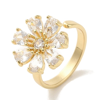Brass Micro Pave Cubic Zirconia Rings for Women, Long-Lasting Plated, Flower, Golden, Adjustable