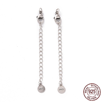 925 Sterling Silver Chain Extenders, with Lobster Claw Clasps & Charms, Flat Round, Antique Silver, 63x2.5mm, Hole: 2.4mm