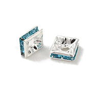 Brass Rhinestone Spacer Beads, Square, Nickel Free, Cyan, Silver Color Plated, 6mmx6mmx3mm, hole: 1mm(X-RSB072-13S)