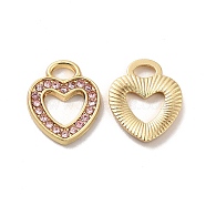 Rhinestone Pandants, with Rack Plating Golden Alloy Findings, Nickel Free, Hollow Out Heart Charms, Light Padparadscha, 13x11x1.5mm, Hole: 2x3.5mm(ALRI-O024-04G-02)