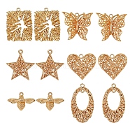 12Pcs 6 Style Brass Pendants, Bees & Butterfly & Star & Oval & Heart & Rectangle, Real 18K Gold Plated, 2pcs/style(KK-SZ0001-57)