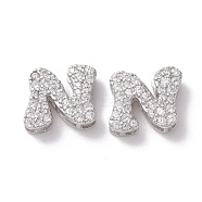 925 Sterling Silver Micro Pave Cubic Zirconia Beads, Real Platinum Plated, Letter N, 9x10x3.5mm, Hole: 2.5x1.5mm(STER-Z005-15P-N)