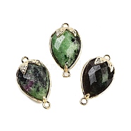 Natural Ruby in Zoisite Faceted Teardrop Connector Charms, Brass Strawberry Links, Golden, 20x11.5x5mm, Hole: 1.2mm(G-B081-03G-08)