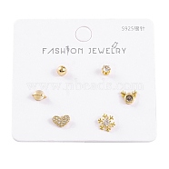 6 Pcs Brass Mirco Pave Clear Cubic Zirconia Ear Studs, with 925 Sterling Silver Pins, Planet & Heart & Snowflake & Christmas deer & Round, Golden, 3.5~7.5x3.5~7.5mm(EJEW-S218-01G-01)