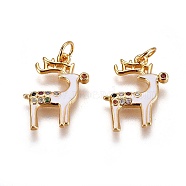 Brass Micro Pave Cubic Zirconia Pendants, with Enamel and Jump Ring, Christmas Reindeer/Stag, White, Golden, 18x14x2mm, Hole: 3mm(ZIRC-I028-11G)