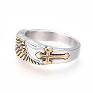304 Stainless Steel Finger Rings, Cross, Antique Silver & Antique Golden, Size 7~12, 17~22mm(RJEW-D073-26-ASG)