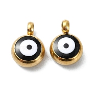 Ion Plating(IP) Real 18K Gold Plated 201 Stainless Steel Charms, with Enamel, Evil Eye Charms, Black, 8x5.5x4mm, Hole: 1.6mm(STAS-L024-020G-06)