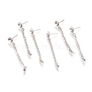 Brass Stud Earring Findings, with Cable Chains, For Half Drilled Beads, Platinum, 47~51mm, Pin: 0.8mm, Tray: 6mm(EJEW-J097-J01-P)