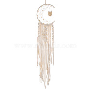 Moon and Owl Woven Net/Web with Macrame Cotton Wall Hanging Decorations, with Wood Pendant, for Garden, Wedding, Lighting Ornament, Owl Pattern, 850mm(PW23021573095)