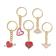 Valentine's Day Heart Alloy Enamel Pendant Keychain, with Iron Split Key Rings, Golden, 6.4~7.1cm(KEYC-JKC00595)