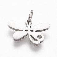 316 Surgical Stainless Steel Pendants, with Rhinestone, Dragonfly Charms, Stainless Steel Color, 10x15x1.5mm, Hole: 3.5mm(KK-I612-06P)