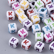 White Opaque Acrylic Beads, Horizontal Hole, Cube with Mixed Color Letter, Letter.K, 5x5x5mm, Hole: 2mm, about 5000pcs/500g(MACR-R869-01K)