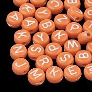 Opaque Acrylic Beads, Horizontal Hole, Mixed Letters, Flat Round with Letter, Random Letters, Dark Orange, 7x4mm, Hole: 1.5mm, about 3700pcs/500g(MACR-S273-11F)