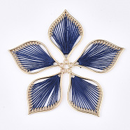 Cotton Thread Woven Pendants, with Alloy Findings, Leaf, Golden, Marine Blue, 43x26.5x2mm, Hole: 1.8mm(X-FIND-S306-03C)