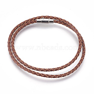 Leather Braided Cord Wrap Bracelets/Necklaces, Two Loops, with 304 Stainless Steel Magnetic Screw Clasps, Column, Coconut Brown, 16.5 inch~16.9 inch(42~43cm), 3mm(BJEW-JB03918-02)