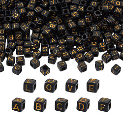 Plating Acrylic Beads, Metal Enlaced, Cube with Mixed Letters, Black, 5.5~6x5.5~6x5.5~6mm, Hole: 3.5mm, 1000pcs(SACR-TA0001-07B)