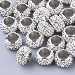 Polymer Clay Rhinestone Beads, with Platinum Tone Brass Single Cores, Large Hole Beads, Rondelle, Crystal, PP13(1.9~2mm),  4 Rows Rhinestone, 14x9mm, Hole: 8mm(RB-S055-14)