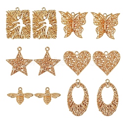 12Pcs 6 Style Brass Pendants, Bees & Butterfly & Star & Oval & Heart & Rectangle, Real 18K Gold Plated, 2pcs/style(KK-SZ0001-57)