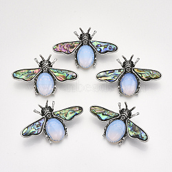 Opalite Brooches/Pendants, with Rhinestone and Alloy Findings, Abalone Shell/Paua Shelland Resin Bottom, Bee, Antique Silver, 36x56.5x14mm, Hole: 7x4mm, Pin: 0.7mm(G-S353-08N)