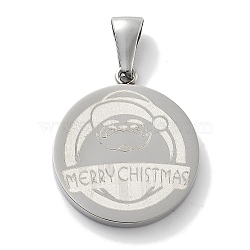 Christmas 304 Stainless Steel Pendants, Flat Round with Santa Claus & Word Merry Christmas Charms, Stainless Steel Color, 29x25x3mm, Hole: 8x3mm(STAS-Z098-47P)