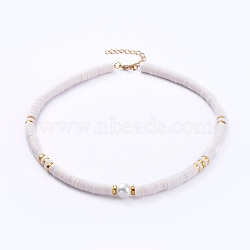 Beaded Necklaces, with Polymer Clay Heishi Beads, Glass Pearl Beads, Brass Crimp Beads and Zinc Alloy Lobster Claw Clasps, White, 15.66 inch(39.8cm)(NJEW-JN02726-01)