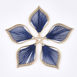 Cotton Thread Woven Pendants, with Alloy Findings, Leaf, Golden, Marine Blue, 43x26.5x2mm, Hole: 1.8mm(X-FIND-S306-03C)