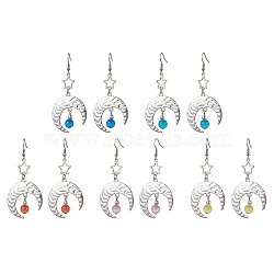 Antique Silver Alloy Star & Moon Dangle Earrings, with Glass Beads, Mixed Color, 70.5x32.5mm(EJEW-JE05637)