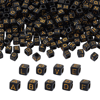Plating Acrylic Beads, Metal Enlaced, Cube with Mixed Letters, Black, 5.5~6x5.5~6x5.5~6mm, Hole: 3.5mm, 1000pcs