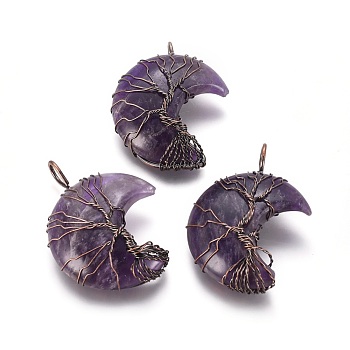 Natural Amethyst Tree of Life Wire Wrapped Pendants, with Brass Findings, Crescent Moon, Red Copper, 44~46x26~32x12.5mm, Hole: 6.5x4.5mm