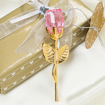 Crystal Glass Rose with Metal Rod Flower Branch, for Wedding Gift Valentine's Day Present, Golden, Pearl Pink, 90x30x20mm