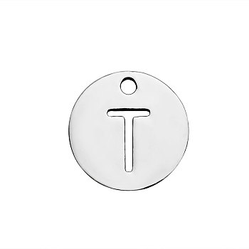 Non-Tarnish 201 Stainless Steel Charms, Flat Round with Letter, Stainless Steel Color, Letter.T, 12x1mm, Hole: 1.5mm