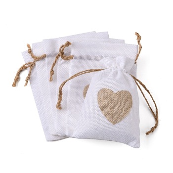 Burlap Packing Pouches, Drawstring Bags, Rectangle with Heart, White, 14.2~14.5x10cm
