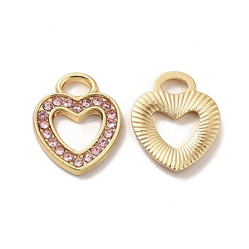 Rhinestone Pandants, with Rack Plating Golden Alloy Findings, Nickel Free, Hollow Out Heart Charms, Light Padparadscha, 13x11x1.5mm, Hole: 2x3.5mm