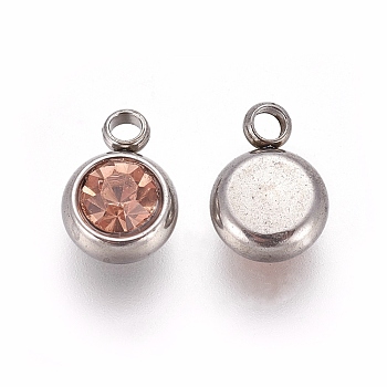 201 Stainless Steel Rhinestone Charms, Flat Round, Stainless Steel Color, Light Peach, 8.5x6x3mm, Hole: 1.5mm