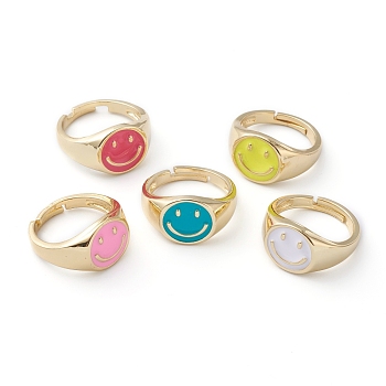 Adjustable Brass Enamel Finger Rings, Long-Lasting Plated, Smiling Face, Real 18K Gold Plated, Mixed Color, US Size 7 1/4(17.5mm)